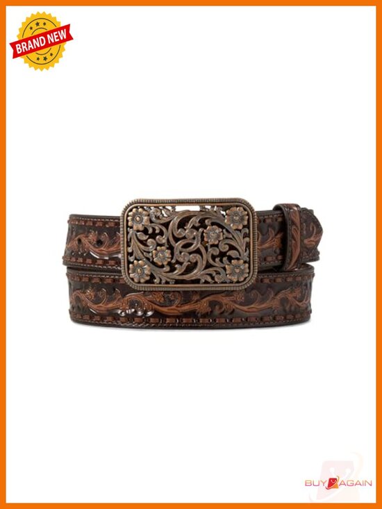 Floral Embossed Leather Belt with Copper Buckle - Western Style main image 5